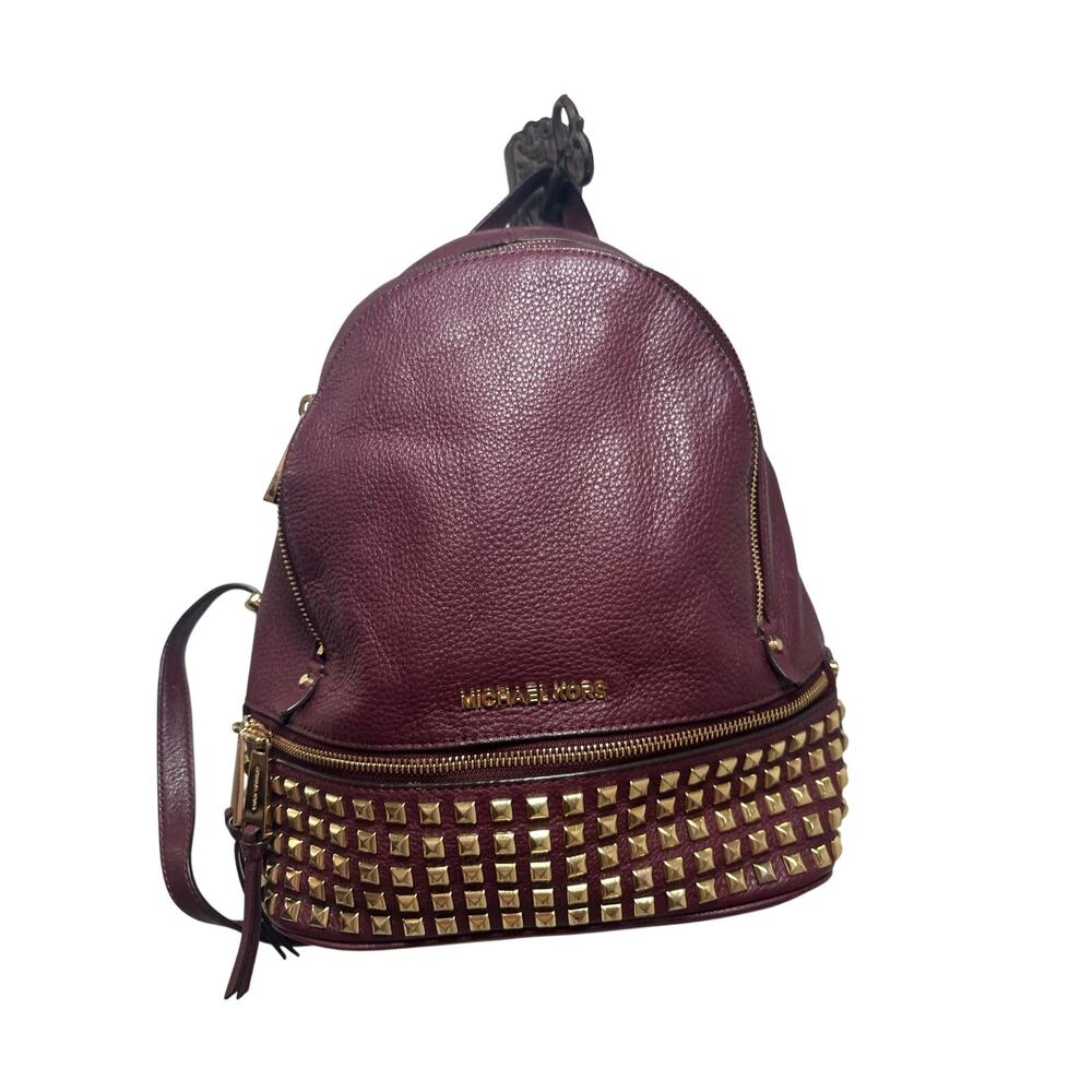 Michael Kors Rhea Zip Burgandy Pebble Leather Gold Studded Zip Pyramid Backpack
